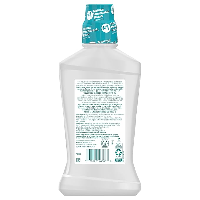 Tom's of Maine Sea Salt Natural Alcohol-Free Mouthwash, Refreshing Mint, 16 Fl Oz (Pack of 6)(Packaging May Vary)