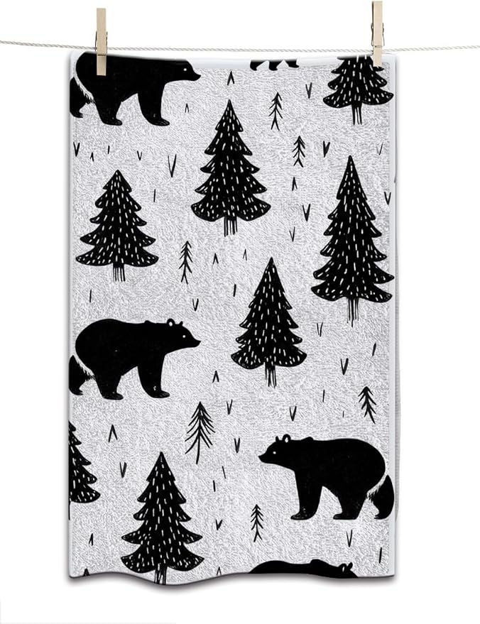 Woodland Black Bears Hand Towel Mountain,Grizzly Trees Face Towels Suit Travel Sports Pool Swimming Bath Camping Spa Gym Yoga,15x30 Inch