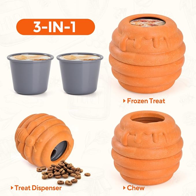 AUSCAT Dog Frozen Treat Toy, Safe and Durable Dog Enrichment Toys to Keep Them Busy, Dog Treat Dispenser in Honey Jar Shape, Orange