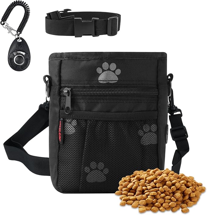 kissleaf Dog Treat Pouch, Magnetic Closure, Dog Clicker- Black Pattern