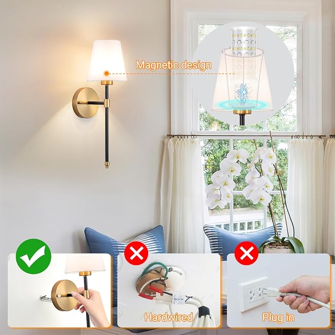 Nekhung Battery Operated Wall Sconces Set of 2, Wireless Wall Light with 10000mAh RGB Dimmable Magnetic Bulb, Rechargeable Wall Sconce with Remote Control for Bedroom Living Room