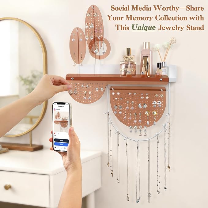 Keebofly Wall Mounted Hanging Jewelry Organizer Honey Brown | Acrylic Earring Organizer for 444+ Earrings, for Necklace & Bracelet, with Wood Shelf, Ideal Gifts for Women & Girls