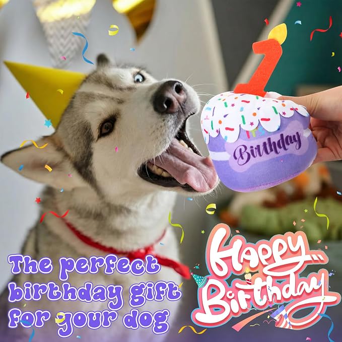 Dansydaisy Dog Birthday Cake Toy Squeaky Plush Gift,1st,Purple