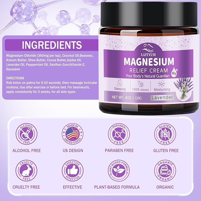Magnesium Body Lotion - Magnesium Cream [NATURAL & ORGANIC] Lavender Magnesium Lotion for Sleep,Muscle Pain, Leg Cramps, Topical Magnesium Balm with Shea Butter, Coconut Oil, Vitamin E, Safe for Kids