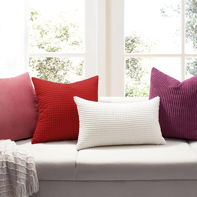 Softalker Corduroy Decorative Throw Pillow Covers 16x16, Set of 2, Red | Soft Boho Striped Pillow Cases, Couch Fluffy Cushion Covers for Farmhouse Home Decor Bed Living Room