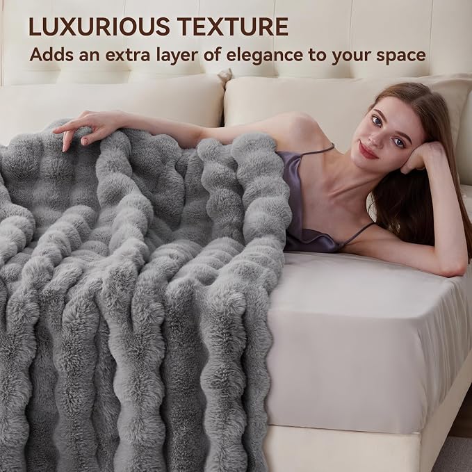 Anysay Faux Fur Throw Blanket, 1000GSM Fluffy Soft Bubble Blanket 80''*90'' | Cozy Plush Warm and Thick Blanket for Couch Bed, Fuzzy Rabbit Throw for Living Room Bedroom Light Grey