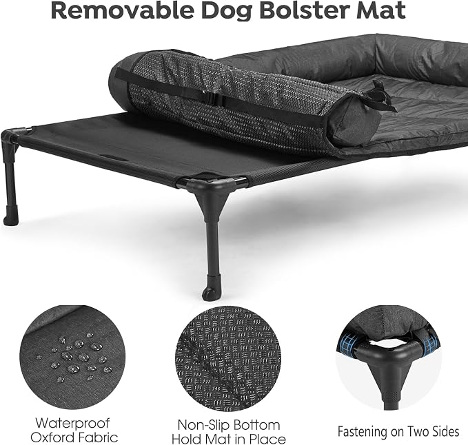 Veehoo Outdoor Elevated Dog Bed with Waterproof Bolster Cushion, Cooling | Raised Dog Bed with Removable & Washable Mat Topper, Breathable Mesh, Dog Couch Cot for Indoor Outdoor, 32", Medium, Black