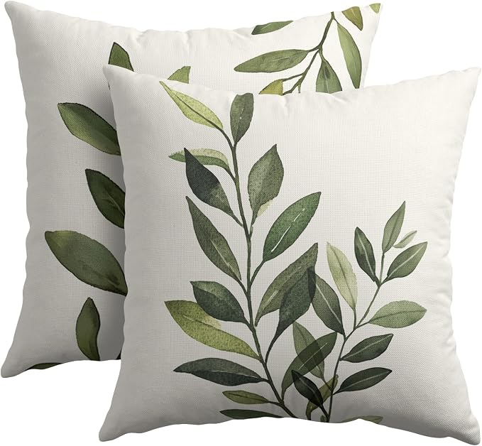 Kawani Sage Green Leaf Pillow Covers 18x18 Inch Set of 2 Spring Leaves Plants Botanical Decorative Pillowcase Cotton Linen Square Cushion Case for Couch Sofa Bedroom Home Decoration