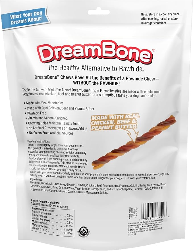DreamBone Peanut Butter Twisties Rawhide-Free Dog Treats, 25 Count | Daily Chew, Digests Safely and Completely, Made With Real Protein, Chicken, Beef, Peanut Butter and Veggies, For Adult Dogs