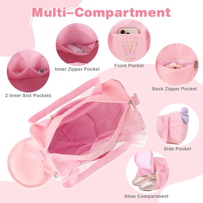 Personalized Initial Dance Bag for Girls 4-6, Small Lace Gym Sport Yoga Cheer Dance Bags Gift for Teen Girls, Cute Letter Kids Ballet Bag Toddler Travel Duffel Tote with Adjustable Straps(Pink-V)