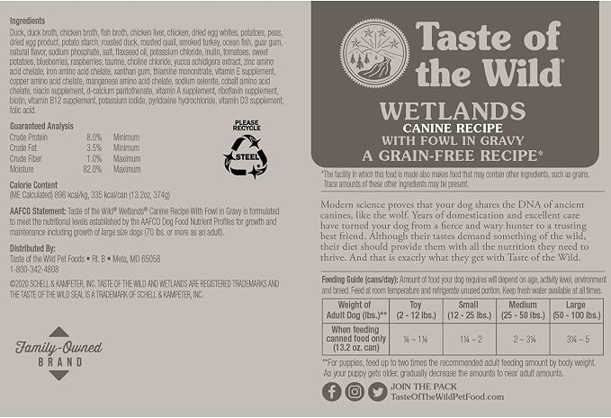 Taste of the Wild Wetlands Wet Dog Food, Fowl in Gravy, 13.2oz, Case of 12 | Puppy & Adult Dogs | Grain Free Recipe* | Real Duck, Quail & Turkey in Gravy | Complete & Balanced to Satisfy Finicky Dogs