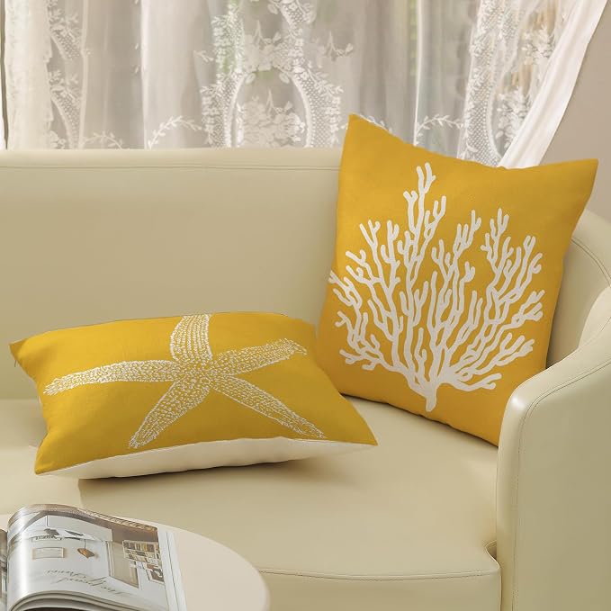 Coastal Pillow Covers 18x18 Inch Set of 2 Yellow Coral Starfish Throw Pillows Nautical Ocean Decorations Summer Linen Beach Pillowcase Outdoor Decor Farmhouse Cushion Case for Home Bedroom