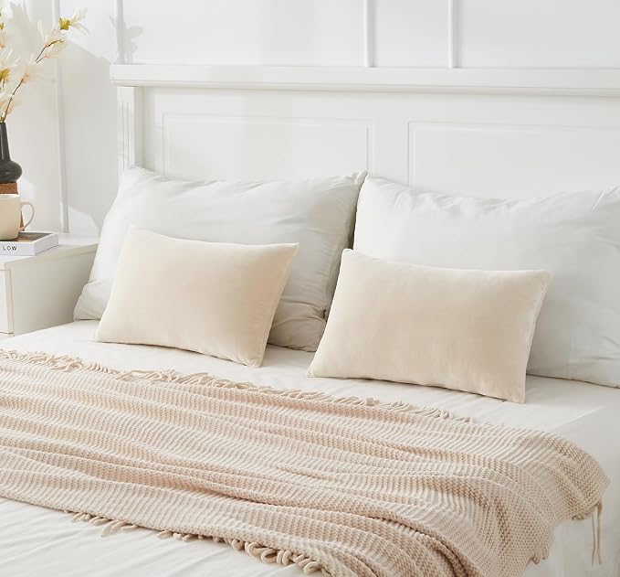 Throw Pillow Covers Neutral Beige Set of 2 12x20 Inch Pillow Covers, Soft Velvet Farmhouse Lumbar Decorative Pillowcases for Couch Sofa Bed, Home Boho Decor, Modern Cushion Covers