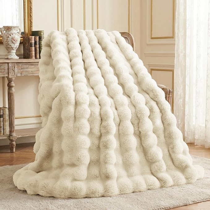 L'AGRATY Faux Rabbit Fur Throw Blanket for Couch, 90'' x 90'' Almond White | Soft Cozy Bubble Fluffy Blanket for Sofa Bed, Thick Warm Plush Fuzzy Throw for Room Home Decor, Luxury Gift for Women Mom