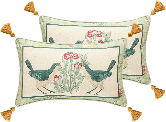 patdrea French Vintage Linen Throw Pillow Cover,12"x20",Set of 2-Cecilia E | Decorative Pillow Case with Zipper,Green Floral Pattern,Cushion Coverfor Couch Living Room Bedroom Sofa
