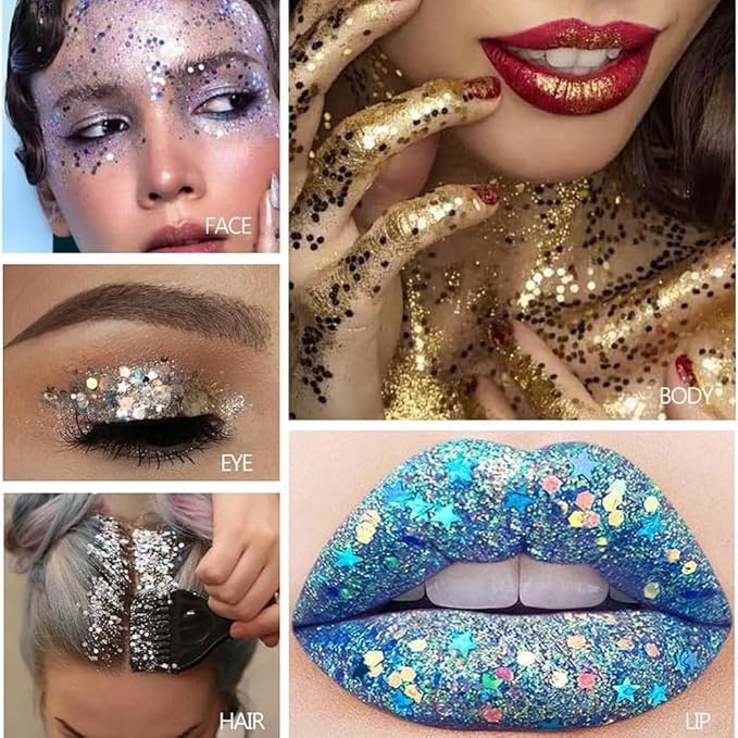 Face and Body Glitter Stick, Gold Hair Glitter Stick for Women Long Lasting Sparkling Cheer Glitter Makeup Disco Music Halloween Christmas, Holographic Chunky Sequins Glitter Hair Sticks