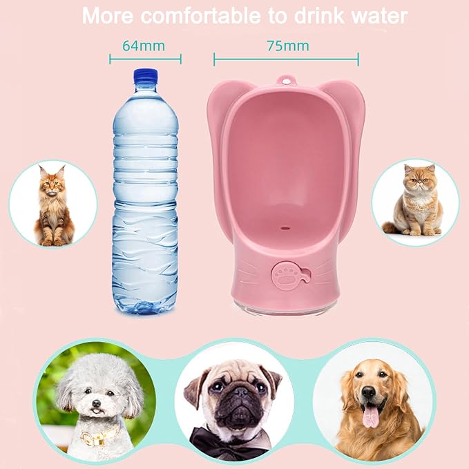 Pet Cat Puppy Dog Travel Water Bottle Dispenser with Food Container, Portable Dog Water Bottle for Walking Hiking Outdoor, Pink, 350ml/12oz
