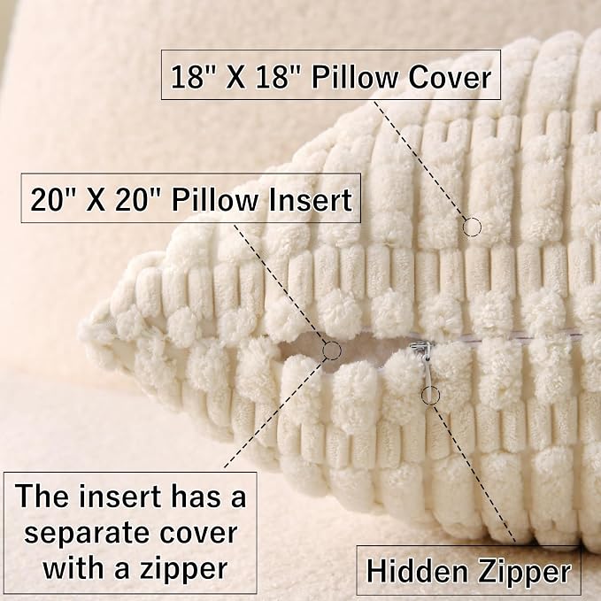 2 Pack Corduroy Decorative Throw Pillow with Inserts, 20x20 Inch Soft Boho Throw Pillow, Square Striped Throw Pillows for Couch, Bed, Sofa Decor (Beige)