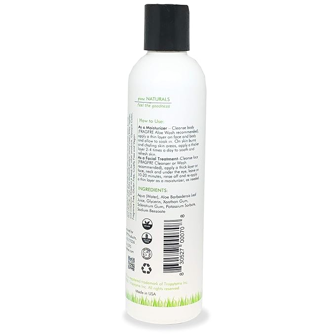 All-Natural Aloe Vera Gel 8 oz - No Synthetic Carbomer or Acrylate - 100% Natural Aloe Vera Soothing Gel - After Sun Exposure Skin Care - Fragrance Free Vegan Gluten Free