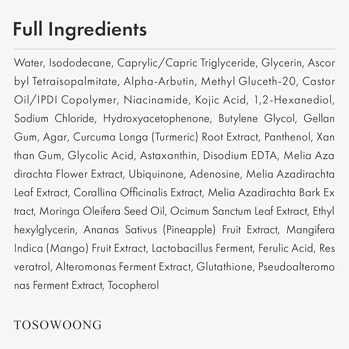 TOSOWOONG Real Turmeric Kojic Acid Serum - Brightening serum 7,000ppm Kojic Acid, 1,500ppm Turmeric, Alpha Arbutin, Astaxanthin, Glycolic Acid, Dark Spots, Freckle, Korean Skin Care, 33ml/1.11 fl.oz.