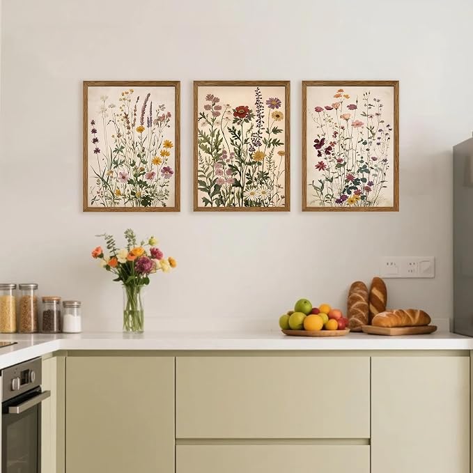 WRFON Botanical and Flower Canvas Wall Art, Framed Wildflower Wall Art Set of 3, Vintage Meadow Flower Canvas Prints, Cottagecore Floral Decor for Living Room Bedroom Bathroom Farmhouse Home, 12x16