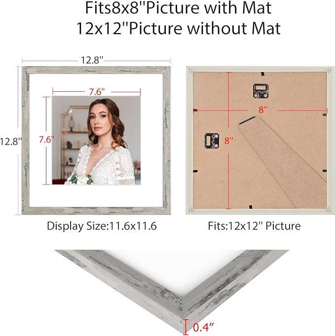 12x12 Picture Frame Set of 9, Display Pictures 8x8 with Mat or 12x12 without Mat, Multi Collage Gallery Square Photo Frames for Wall or Tabletop, Distressed Gray
