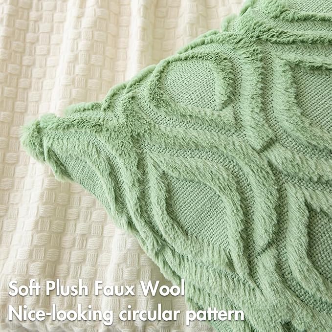 MIULEE Sage Green Soft Plush Faux Wool Lumbar Throw Pillow Covers 12x20 | Set of 2, Farmhouse Boho Home Decor, Decorative Cushion Covers for Sofa, Living Room, Bed