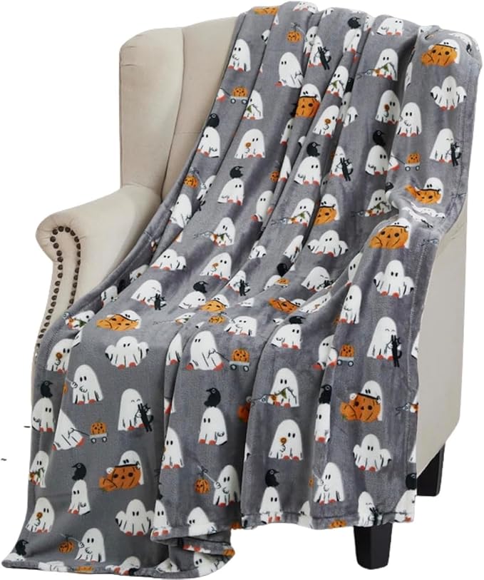 Halloween Ghost Fleece Throw Blanket, Cute Baby Ghost Party, Gray, 50x70 in | Ultra-soft cozy flannel fleece, for sofa couch bed chair & dorms, spooky Halloween décor, durable and machine washable.