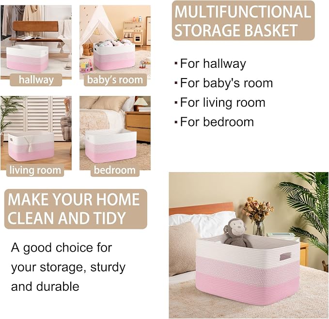OIAHOMY Large Blanket Basket, 22”x17”x12” Rectangle Woven Baskets, Nursery Blanket Storage Living Room, Toy Storage With Handle, Large Baskets for Organizing - Pink/White