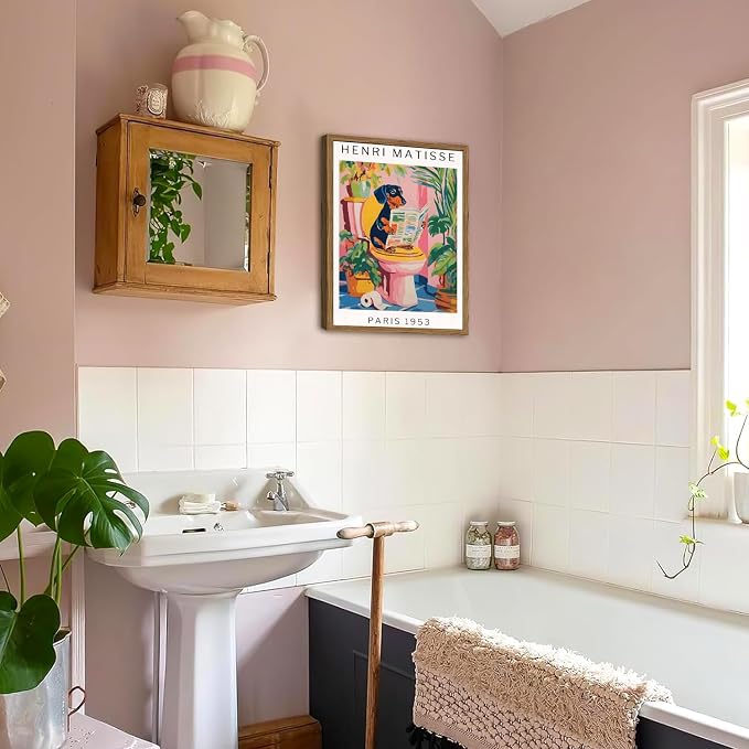 Funny Dachshund Bathroom Wall Art Henri Matisse Dog Bathroom Wall Decor Picture, Cute Puppy Animal Reading Newspaper in Toilet Poster Painting Canvas Print 16x24 inch Wood Framed
