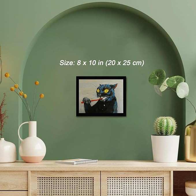 ICHZUMW Framed Funny Black Cat Bathroom Decor Canvas Wall Art, 8x10 Inches | Quirky Black Cat Brushing Teeth Painting, Humorous Bathroom Wall Decor, Restroom Powder Room, Fade Resistant, Ready to Hang