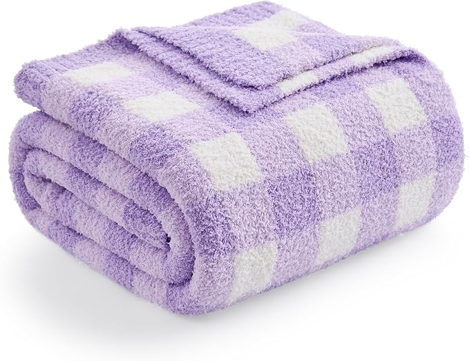 Snuggle Sac Checkered Throw Blanket for Couch, Super Soft Cozy Warm Knit Netural Decorative Fluffy Blankets, Reversible Buffalo Plaid Microfiber Throws for Sofa Bed, Plaid Purple, 50x60 Inches