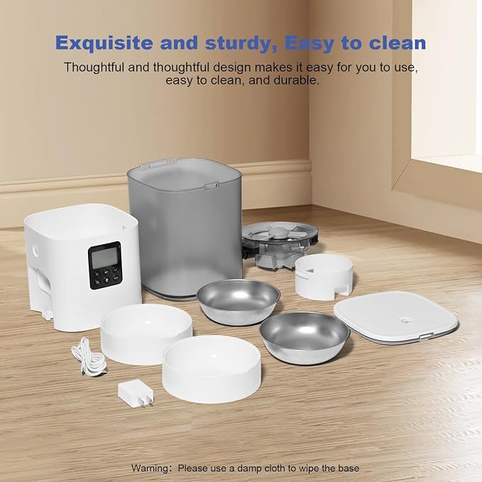 Automatic Cat Feeder, 6L Cat Food Dispenser with 10s Voice Recorder, Pet Feeder up to 8 Meals per Day, Timed Feeder with Dry Food Sealed Ring (White-D-Basic)