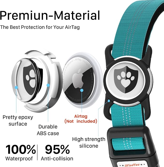 Waterproof AirTag Dog Collar with QR Code Dog Tag, Blue L | IP68 waterproof, QR code dog tag, Anti-Lost, Online profile, fits XS-L (8"-26"), Padded nylon, Reflective, No App, No Fees