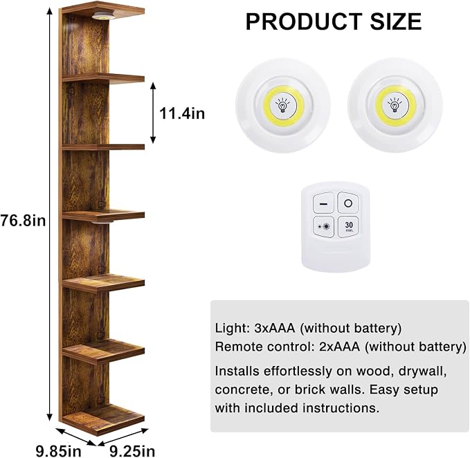 Fixwal 7 Tier Wall Shelf with LED Lights for Room Deocr (Rustic Brown) | 76.8in Tall, Holds 44Lbs Total, Flexible Section Installation, Fits Any Room Decor