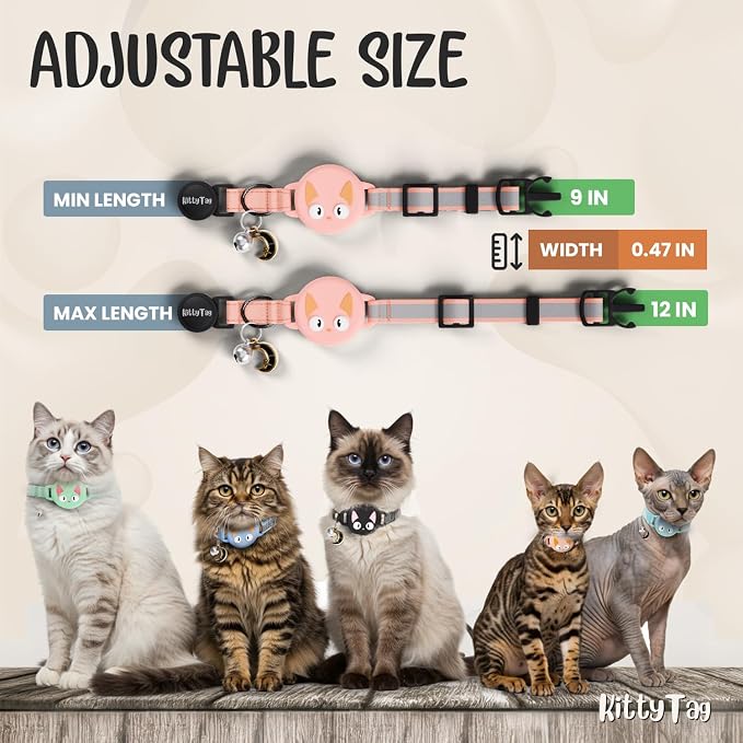 AirTag Cat Collar – Breakaway Reflective & Waterproof Collar with Built-in Holder, Adjustable with Bell for Indoor/Outdoor Cats – AirTag Not Included, Pink (9-12")