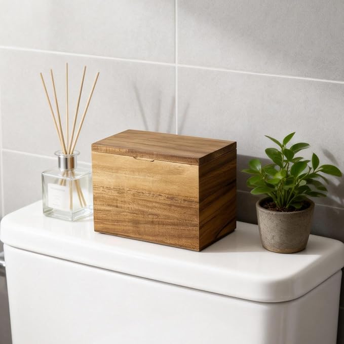 Tampon Holder for Bathroom Decor, Acacia Wood Feminine Product Organizer with Lid, Shark Week Tampon Storage, Pad and Tampon Organizer
