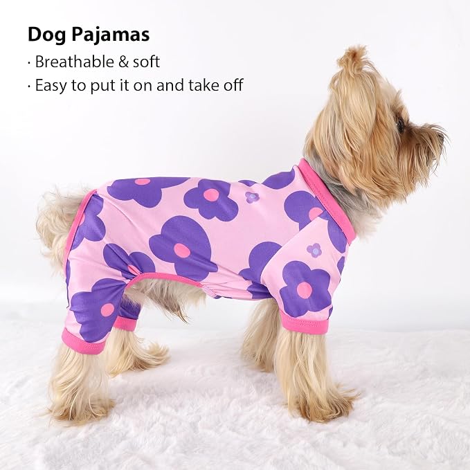 DaFuEn Dog Pajamas for Small Dogs - Soft Stretchy 4-Legged Puppy Onesie & Jumpsuit - Breathable Dog PJs Sleepwear Clothes for Yorkie, Chihuahua, Toy Poodle, Boy & Girl (Purple Flowers,M)