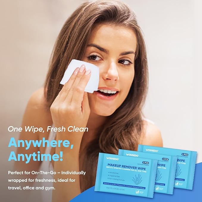 48 Count Makeup Remover Wipes, Bulk Gentle Cleansing Facial Towelettes, Individually Wrapped Travel Size,Alcohol-Free & Hypoallergenic for All Skin Types
