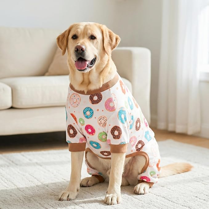 KYEESE Velvet Dog Pajamas for Large Dogs Soft Onesie Shirt, Donut | 4-Way Stretch, Lightweight & Breathable, Reduces Shedding, Gentle on Sensitive Skin, Recovery Support, Easy Potty Breaks