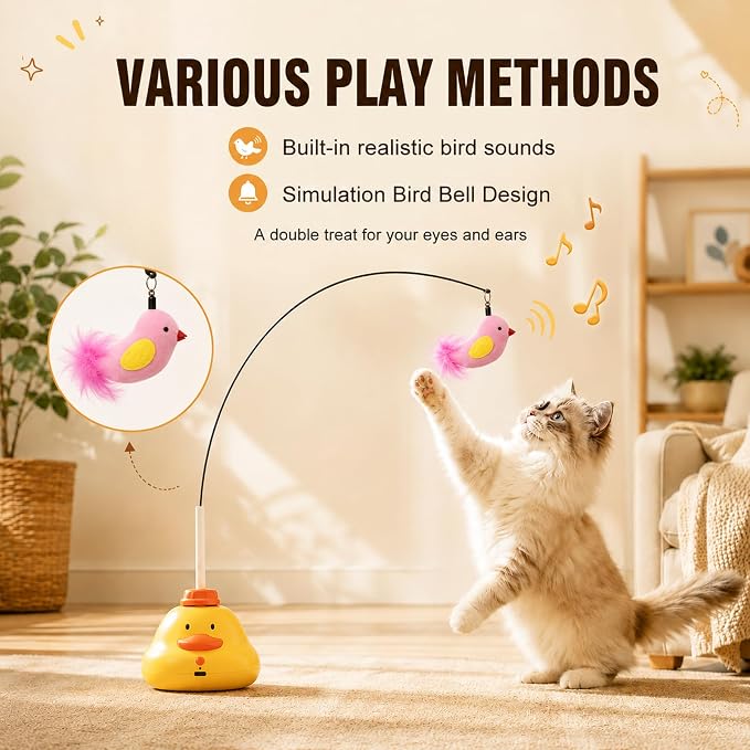 Automatic Cat Toys, Interactive Cat Toys for Indoor Cats | 360° Rotating Moving Cat Fishing Pole Toy, 2 Speeds with Bird Sound, 8cm Suction Cup & Weighted Base