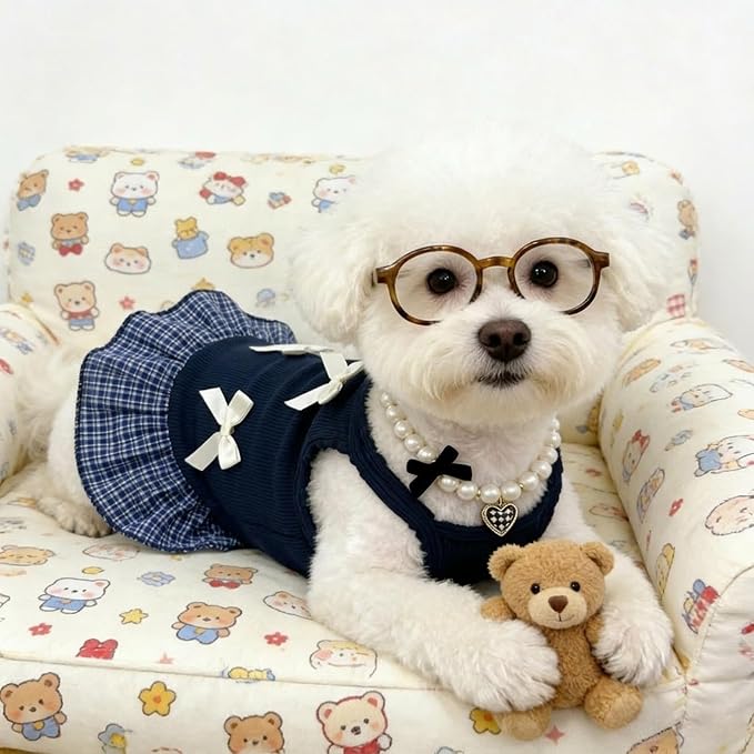 Dog Dresses, Plaid Pet Dress with Glasses and Pearl Necklace, Cute Pet Clothes Outfit Breathable Puppy Skirt Costume for Small Dog Cat Girls, Parties & Photos Favorite (Navy Blue, S)
