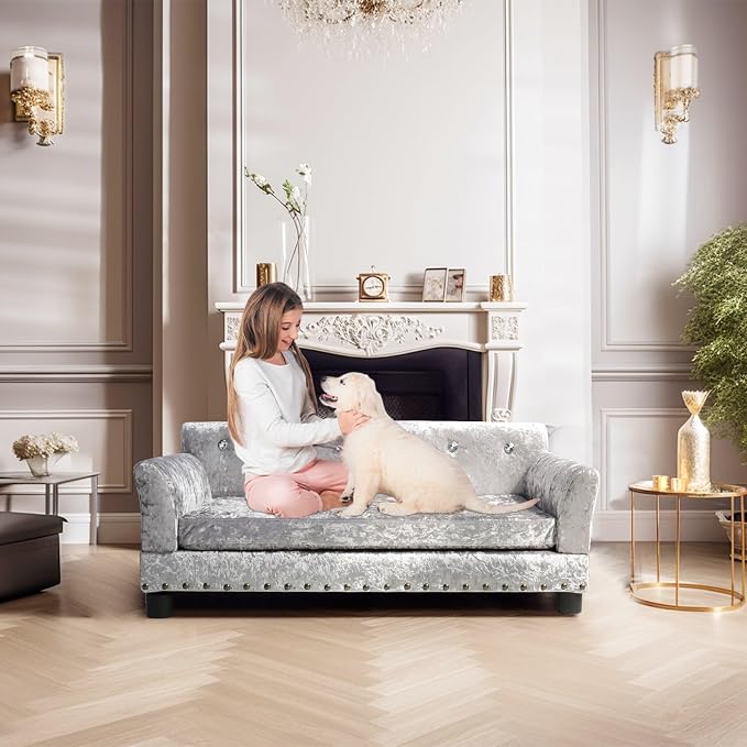 XL Dog Sofa Bed: Luxury Dutch Velvet Jumbo Pet Couch Furniture | Luxury Modern Indoor Dog Furniture, Elevated Wooden Frame Doggie Lounge Bed up to 132lbs, Replaceable Cover, Easy Clean