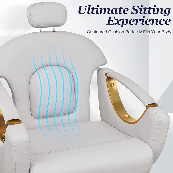 Baasha Ergonomic Reclining Salon Chair with Adjustable & Removable Headrest, Gold & Gray Hydraulic Styling Chair, Soft PU Leather, 135° Recline, 360° Swivel, Heavy-Duty Steel Frame, 330 lbs Capacity