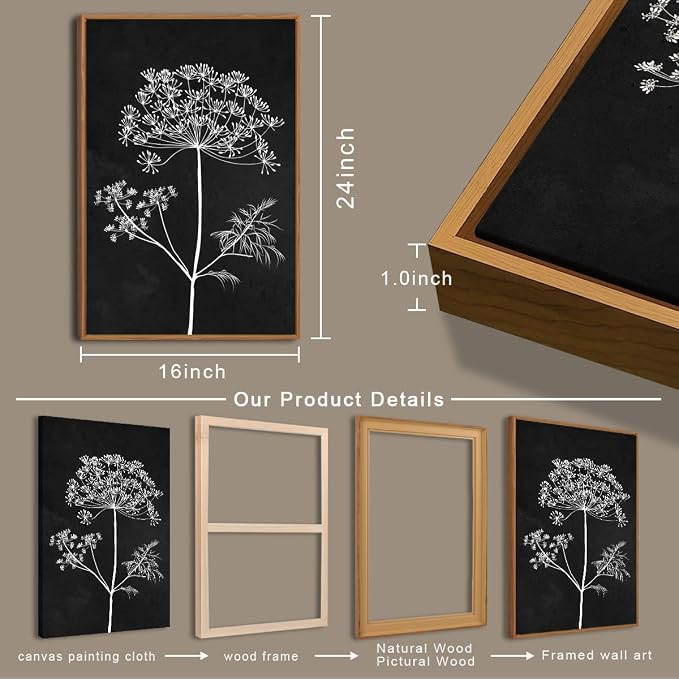 BINCUE Framed Botanical Wall Art Black Grey and White Plant Floral Print Canvas for Living Room Bedroom Office 3 Panel 16x24 Inches