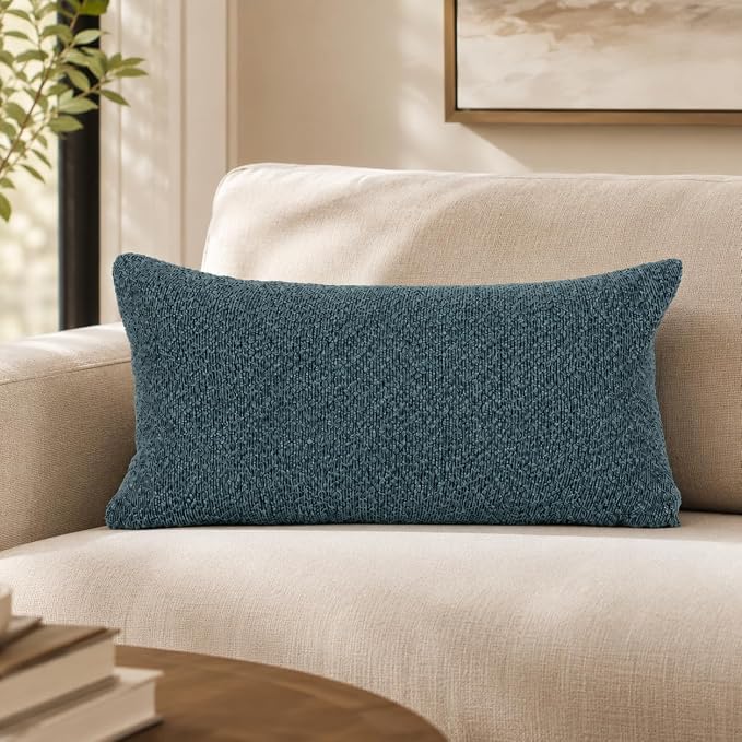 JoraLion 16x24 inch Boucle Lumbar Pillow Cover, Dusty Blue Woven Texture Neutral Long Pillow Cover Breathable Cushion Case for Couch Sofa Bed Living Room Home Decor (Cover Only)