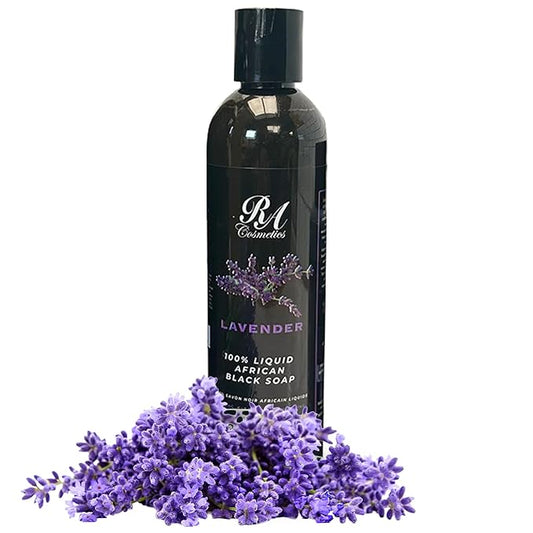 RA COSMETICS Liquid African Black Soap with Lavender – Traditional West African Cleanser with Shea Butter & Coconut Oil – Face, Body & Hair Wash for Daily Use – No Artificial Fragrances – 8oz