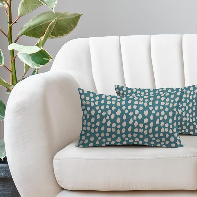 Aqua Cream Dots Lumbar Pillow Covers 12x20 Set of 2 Boho Design Polka Dot Print Throw Pillows Modern Outdoor Decorative Pillowcase Rectangle Linen Cushion Cases Decor for Sofa Couch Bed