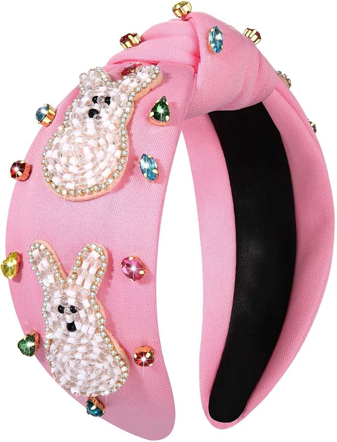 mokkia Easter Headbands Beaded Rabbit Bunny Headband for Women Pink Spring Knotted Headband Easter Hair Accessories Gifts