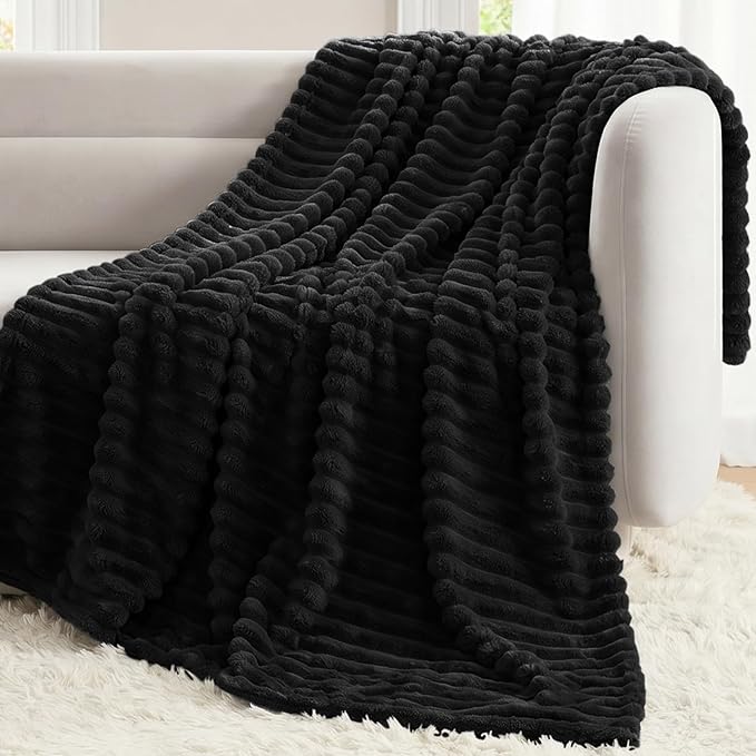 Black Twin Blanket for Bed & Couch, 60 x 80 Inch | 300GSM Ribbed Fleece Blanket, Soft, Cozy & Lightweight, OEKO-TEX Certified, All-Season Use for Travel, Dorm & Home Decor